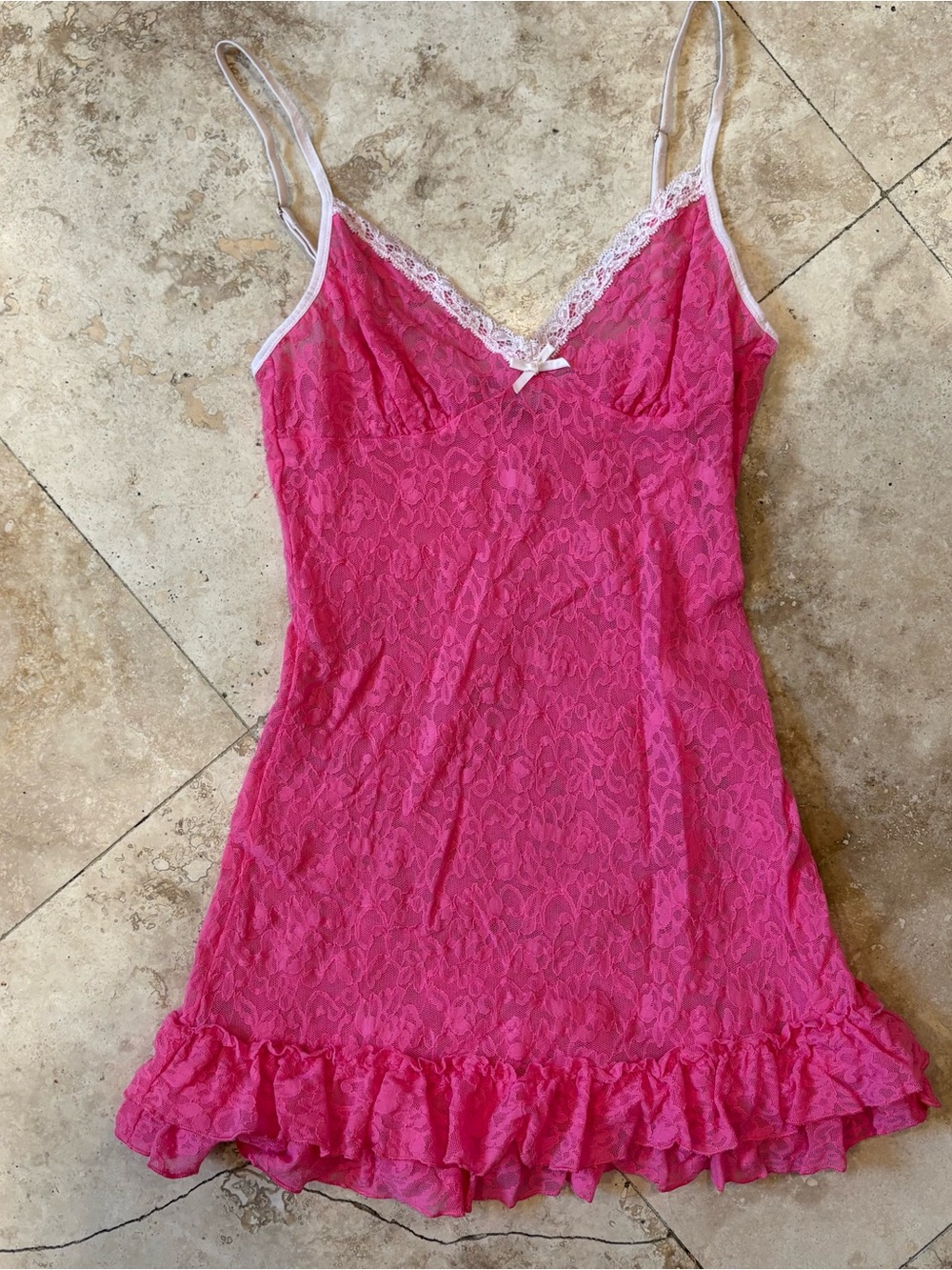 Vintage Hot Pink Lace Slip Nightdress with Ruffle Hem